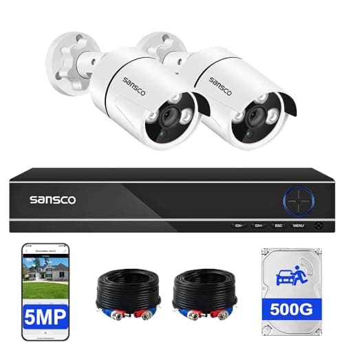 Image of SANSCO 5MP 4 Channel Wired CCTV Security Camera System, 4CH DVR with 500GB Hard Drive, 2x 3K Home Outdoor Surveillance Cameras, Color Night Vision, Audio Recording, Human Face Vehicle Detection, P2P