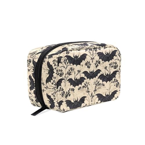 Image of Makeup Bag Make Up Pouch Bats and Flowers Vintage Cosmetic Toiletry Bag Storage Travel Makeup Organiser Case with Compartments Beauty Bag for Teenage Girl Women Lady