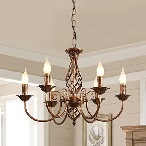 Image of JIINOO Traditional Country Style Chandelier, Bronze Vintage Height Adjustable Wrought Iron Candlestick, 6 Lights Ceiling Lamp Farmhouse Pendant Lamp for Living Room Kitchen Dining Room