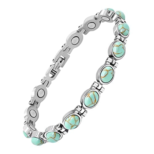 Image of JEROOT Women's Magnetic Bracelet, Natural Turquoise Stone, Adjustable Length with Sizing Tool, Silver Stainless Steel (3500 Gauss)