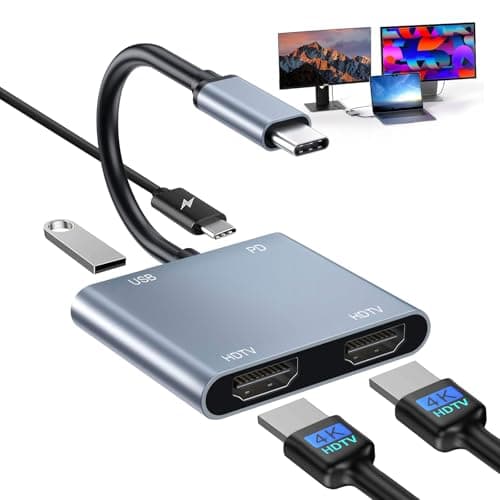 Image of USB C to Dual HDMI Adapter, 4 in 1 HDMI Splitter for Dual Monitors 4K, USB 2.0, PD 100W, Type C to Dual Monitors Adapter Multiport, USB C Hub 4K@60Hz for MacBook Pro/Air/iPad/Surface/Dell