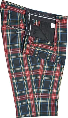 Image of Mens Black Stewart Tartan Scottish Check Trousers Red Tartan Golf Slim Fit Sta Press Retro Pants (UK, Numeric, 34, Regular, Regular, Black Stewart Tartan)