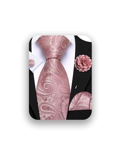 Image of Barry.Wang Rose Gold Tie 63" Paisley Silk Ties Set Pocket Square Cufflinks and Lapel Pin Extra Long Necktie Wedding
