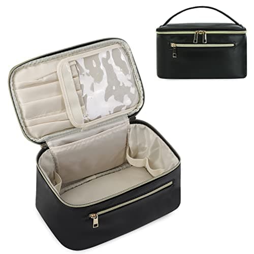 Image of Travel Makeup Bag with Brush Compartment, Large Cosmetic Bags, PU Leather Makeup Case with Handle, Water-Resistant for Women, Black (Patent Pending)