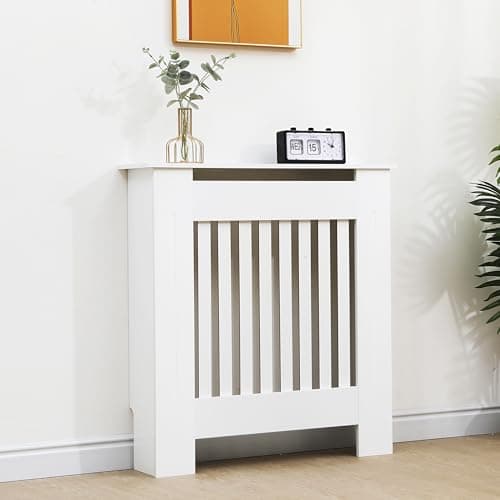 Image of Vivo Technologies Radiator Cover White Modern Horizontal Slats, Small Radiator Cover Grill Shelf Cabinet MDF Wood Decorative Heater Cover,White, W 78 x H 82 x D 19 cm