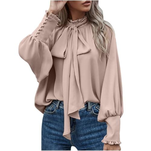 Image of Women Dressy Pullover Elegant Bow Tie Knot Mock Neck Top Ruffle Frill Lantern Sleeve Chiffon Shirts Ladies Office Work Longline Blouse Casual Loose-Fit Cuff Long Sleeve Tops Beige