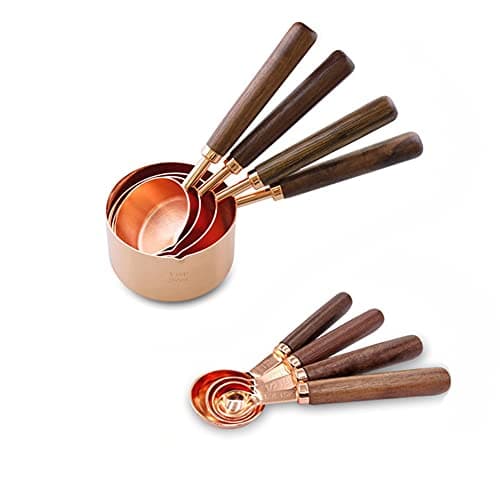 Image of Alnicov Set of 8 Piece Measuring Cups and Spoons,Stainless Steel Rose Golden Measuring Spoons with Walnut Handle for Kitchen Dry and Liquid Ingredients