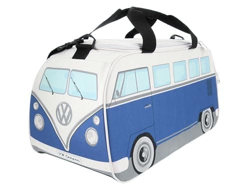 Image of BRISA VW Collection - Volkswagen Retro Sport Shoulder Fitness Bag Duffel in T1 Bus Campervan Shape (Small/Classic Bus/Blue & Beige)