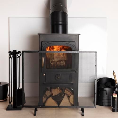 Image of CHARLES BENTLEY Fire Guard, Snug, Aspen, Fireguard, Contemporary, Iron, Silver Mesh, Black Border, Matte Finish, Industrial Design, Powder Coated, Mesh, Fireplace, Fireside, Fire Place (73x61x19cm)