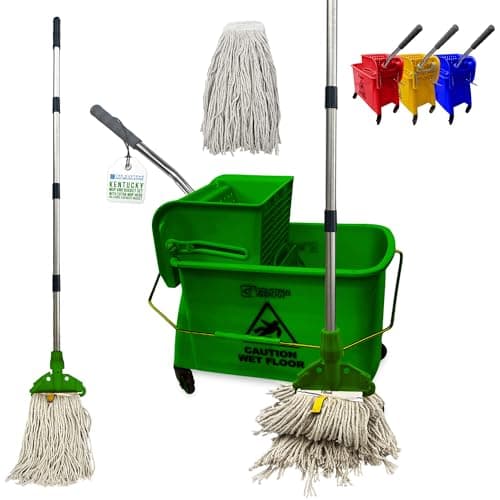 Image of Professional Kentucky Floor Mop and Bucket Set on Wheels - Large Capacity Commercial Industrial Floor Mop Bucket with Wringer, Ideal for Warehouse, Hotel, Office, School Use - Green