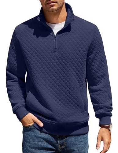 Image of COOFANDY Sweatshirts for Men Quarter Zip Sweatshirt Regular Fit Winter Sweater Polo Long Sleeve T-shirt Top Quarter-Zip Pullover with Pocket Navy Blue S