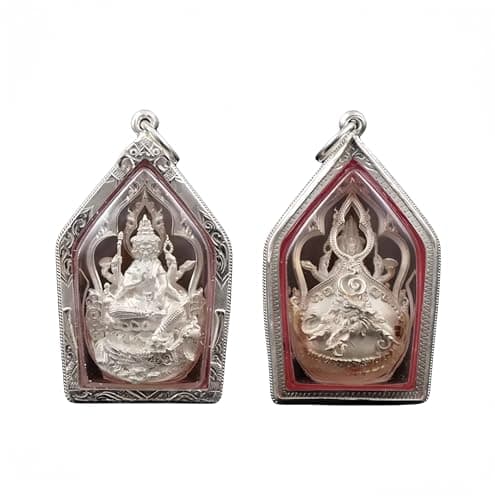 Image of The genuine Thai Buddha amulet - Four-Faced Buddha riding an elephant (Model 03 - Silver Color - Pure Silver Casing (with large pattern) - Without card.)