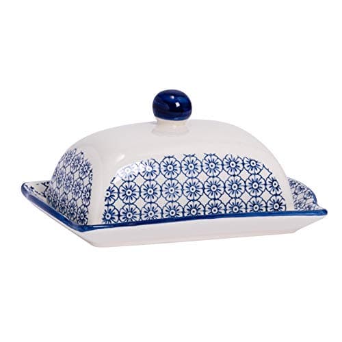 Image of Nicola Spring Hand Printed Butter Dish with Lid - 18.5x12cm - Navy Vintage Floral Porcelain Kitchen Butter Dish Fridge Cheese Storage Container for Butter, Cheese, Margarine
