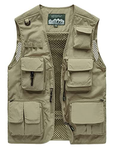 Image of Sukany Men's Leisure Outdoor Work Safari Fishing Travel Cargo Vest Jacket Photo Mesh Waistcoat Multi Pockets Khaki S
