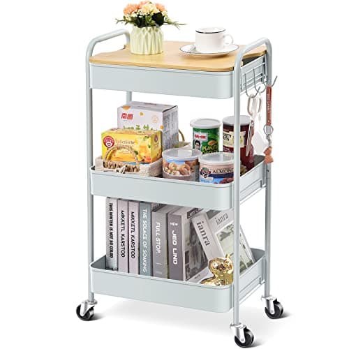 Image of KINGRACK 3-Tier Rolling Storage Trolley with Table Top, Metal Utility Cart on Wheels, Utility Organizer with Wooden Tray, Lockable Casters, Easy Assembly for Bathroom, Living Room, Kitchen, Green