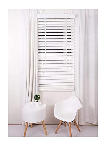 Image of Aprica Venetian Window Blinds - Real Wood with String Join Slats - Colour WHITE for Home Office Bedroom Easy Fit and Trimmable (Width: 75cm / Drop: 120cm)