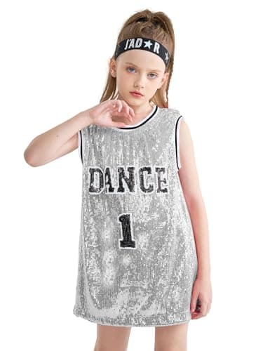 Image of LOLANTA Girls Sequins Dance Costume Hip Hop Dancewear Sparkle Sleeveless Tank Top Dress, Silver,11-12 Years, Tag 160