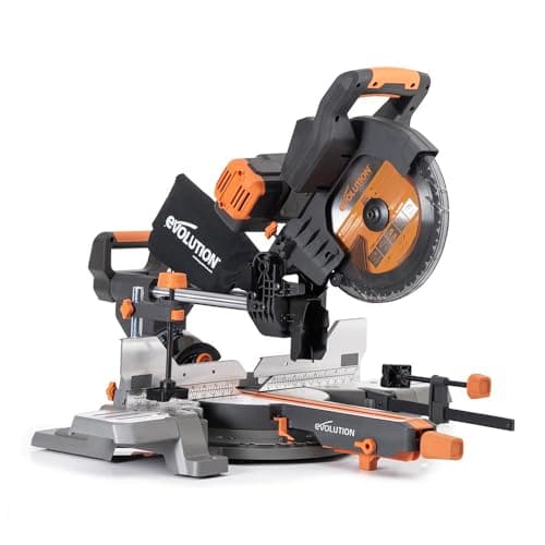 Image of Evolution Power Tools R255SMS-DB-Li Cordless Double Angled Sliding Shear Saw 18V Including Saw Blade for Multiple Materials, Saws Wood, Plastic and More, Battery Included, 255mm