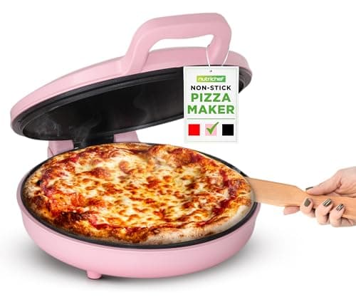 Image of NutriChef Countertop Pizza Maker, 1500W Non-Stick Electric Pizza Cooker, Makes 30.5 cm Personal Pizzas, Temp Range 80–204°C, Pizza Oven Indoor, Air Fryer Microwave Combo, Instant Pot Air Fryer, Pink
