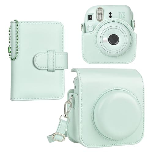 Image of HIYQIN Fuji Instax Mini 12 Case and Album, Elegant PU Leather Protective Case for Instax Mini 12 Camera, Carrying Bag with Photo Pocket, Key-Chain Photo Album and Shoulder Strap - Mint Green