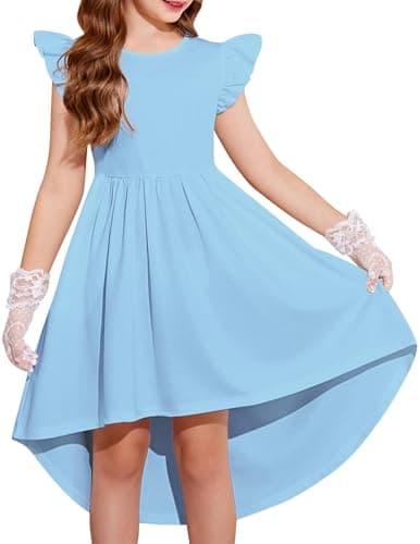 Image of Arshiner Girls Dress Flying Sleeve Kids Dresses Summer Ruffle Sleeve High Low Dress Round Neck Elegant Party Dresses for Girls 11-12 Years Blue