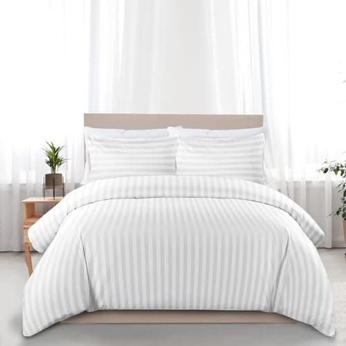 Image of Sapphire Textile Egyptian Cotton Duvet Cover Bedding Set 400 Thread Count Satin Stripe Quilt Cover With Pillowcase Hotel Quality with Easy Closure (White, Double)