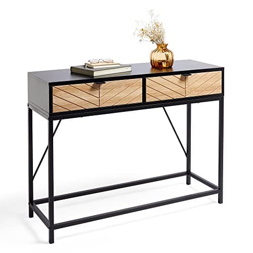 Image of VonHaus Console Table with Drawers - Chevron Black & Light Wood Effect Hallway Table - Modern 2 Drawer Console for Entryway - Industrial Hall w/Metal Frame - Storage for Living Room & Lounge - Dalton