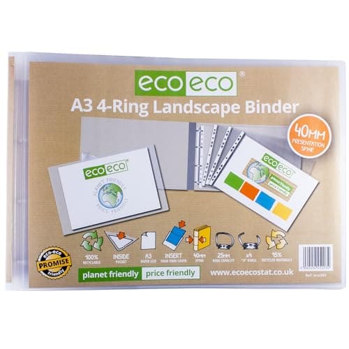 Image of eco-eco A3 95% Recycled 4-D Landscape Clear Presentation Ring Binder File Folder, 40mm Spine, Artwork Portfolio, eco203