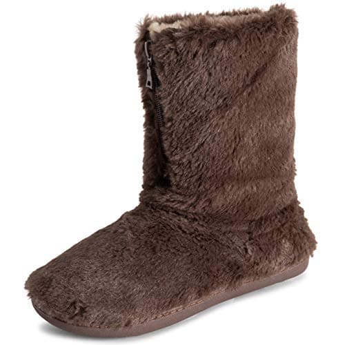 Image of Polar Women’s Faux Fur Indoor Outdoor Boot Slippers - Memory Foam Lined House Shoes with Zip Closure, Plush Warm Lining & Non-Slip Rubber Sole - Cosy Winter Comfort Footwear - Brown - UK5/EU38