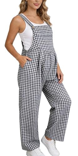 Image of FEOYA Maternity Jumpsuit Women Plaid Rompers Button Straight Wide Leg Loose Fit Rompers Outdoor Casual Sleeveless Halter Overalls XL