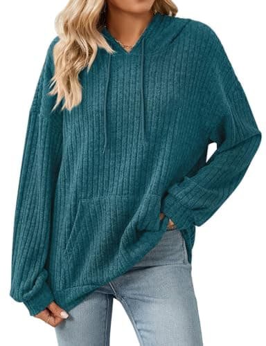 Image of Gemulate Long Sleeve Fluffy Hoodies Womens top Drawstring Fashion Sweater Long Sleeve Lightweight Tops with Pocket Longline Solid Tops for Women Dark Cyan M