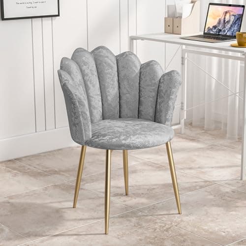 Image of Modern Armchair Tub Chair, Crushed Velvet Vanity Dressing Table Chair with Curved High Back and Gold Plating Metal Legs for Bedroom, Living Room, Dressing Room, Salon, Light Grey