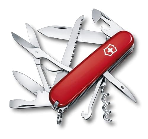 Image of Victorinox Huntsman Swiss Army Knife, Medium, Multi Tool, Camping Knife, 15 Functions, Large Blade, Bottle Opener, Red Transparent