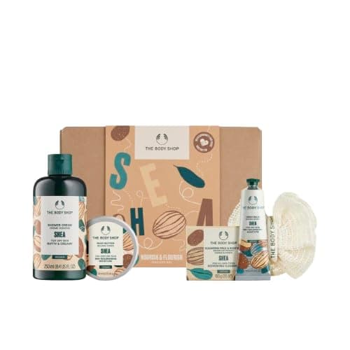 Image of The Body Shop Shea Gift Set - Body Care Set for Dry Skin - Shower Cream, Body Butter, Hand Balm, Soap & Ramie Flower - Vegan Natural Cosmetics
