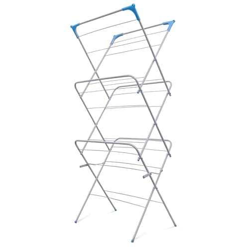 Image of 3 Tier Folding Clothes Airer - For Laundry, Indoor And Outdoor | Non-Slip Feet & Corner Spaces for Hangers | Home Storage - Foldable Drying Rack, Lightweight, Space Saving Washing Line