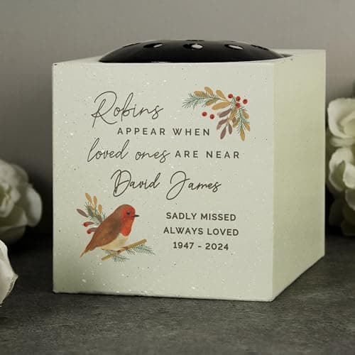 Image of Custom Personalised Robins Appear Memorial Christmas Graveside Flower Holder Vase Rose Bowl Engraved with Custom Message
