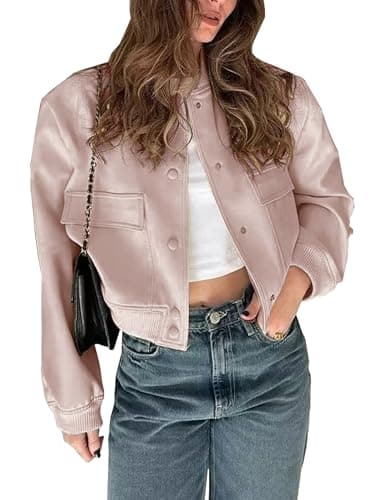 Image of Megfie Short Bomber Jacket with Buttons for Women, College Jacket with Pockets, pink, M