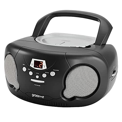 Image of Groov-e Original Boombox - Portable CD Player with Bluetooth, Radio, 3.5mm Aux Port, & Headphone Socket - LED Display, 2 x 1.2W Speakers - Battery or Mains Powered - Black