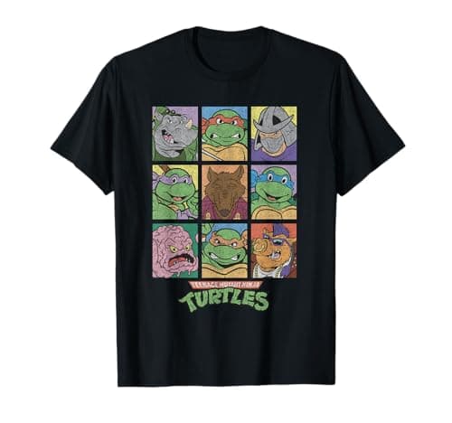 Image of TEENAGE MUTANT NINJA T-Shirt - Men's Unisex Black Cartoon Casual Comic Book Style All Characters Square Design TMNT Character T-Shirt - Small