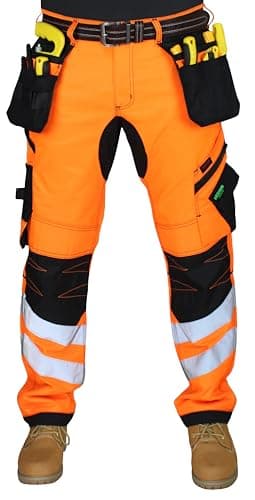 Image of HASHOOB TRADING FZE Men’s Hi Vis Work Trousers Multi Pocket with Hi viz Tape Cargo Trousers Workwear Pants (10-OR1, 34W X 32L) Orange