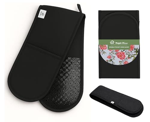 Image of Black Oven Gloves Heat Resistant 300°C - Double Oven Mitts with Non-Slip Silicone Grip, BBQ Cooking Gloves, Kitchen Gloves Pot Holder Machine Washable, 82 x 18 cm