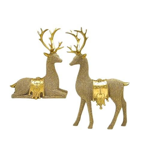 Image of Piceioep 2Pieces Shimmering Reindeer Figurines Resins Deer Standing Sitting Animal Sculpture Ornaments For Christmas Decors