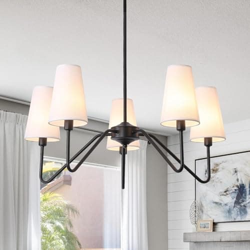 Image of ZenithBeam Modern Black Chandelier,5-Light Pendant Light 76Cm E14 Chandeliers Ceiling Light with White Linen Lampshade Light Fittings for Bedroom Living Room,200W