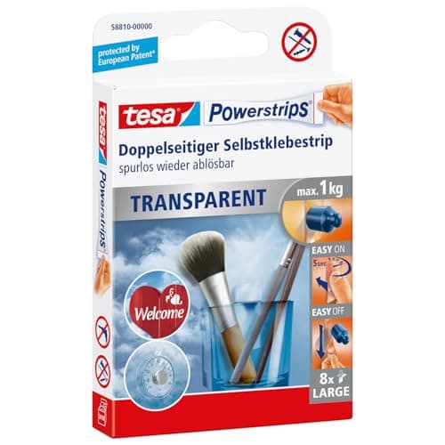 Image of tesa Powerstrips Transparent/Clear Removable Self Adhesive Picture or Poster Hanging Strips - 8 Strips