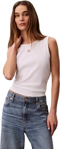 Image of Calvin Klein Women's Sl Woven Label 2X2 Baby Rib Cuto LV047F246G Tank Top, White, XXL