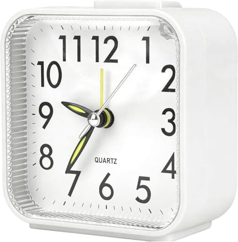 Image of Silent Analog Alarm Clock Vintage Design, Non-Ticking Bedside Clock with Snooze & Night Light, Battery Operated Small Travel Alarm Clock, Desk Clock with Ascending Beep Alarm for Light Sleeper(White)