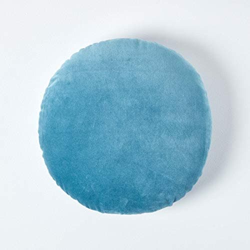 Image of HOMESCAPES Blue Round Velvet Cushion Super Soft Cotton Velvet Luxury Filled Scatter Cushion Thick Plain Accent Throw Pillow for Sofa and Bed Decoration, 40cm (15") Diameter
