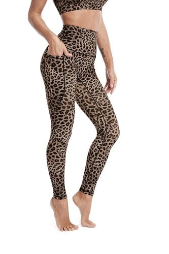 Image of FASH-ICONS Brown Leopard Leggings for Women's High Waisted Aninal Print Yoga Pants with Pockets Buttery-Soft Workout Running Tight Size XS (UK4)