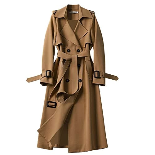 Image of Womens Trench Coat Long Overcoat Elegant Belted Windbreaker Classic British Style Slim Fit Jacket Autumn Winter Warm Outerwear Ladies Solid Color Lapel Button Closure Fashion Casual (Khaki, M)