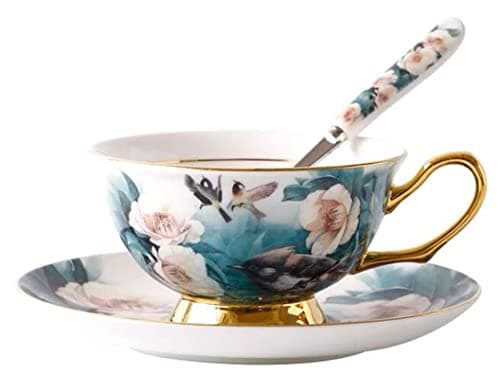 Image of Eplze YBK Tech Euro Style Cup& Saucer Set, Bone China Teacup Coffee Cup for Breakfast Home Kitchen- Birds and Camellia Flowers Patterns (Turquoise)